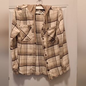 Women's wallflower plaid lightweight button down with hood. Like new, sz xs